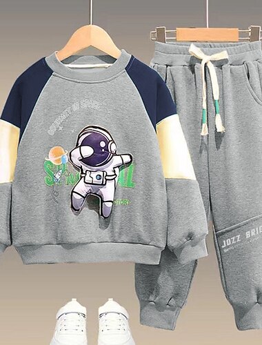 2 Stück kinderkleidung Jungen Kapuzenpulli & Hose Sweatshirt & Hose Kleidungsset Outfit Farbblock Buchstabe Astronaut Langarm Tasche Set Schulanfang Sport Modisch Täglich Herbst Winter 7-13 Jahre