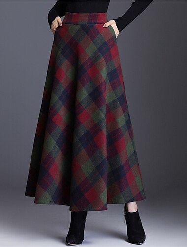  Women's Skirt A Line Swing Plaid Skirt Maxi High Waist Skirts Pocket Print Plaid Street Vacation Winter Polyester Elegant Fashion Red Blue Green Khaki