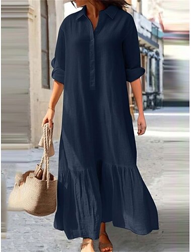  Dames Maxi-jurk Shirtjurk Jurken van katoen en linnen Casual jurk Katoenen jurk Basic Klassiek Casual Dagelijks Buiten Vakantie Ruim Passend Effen Lange mouw Overhemdkraag blauw Groen khaki Lente