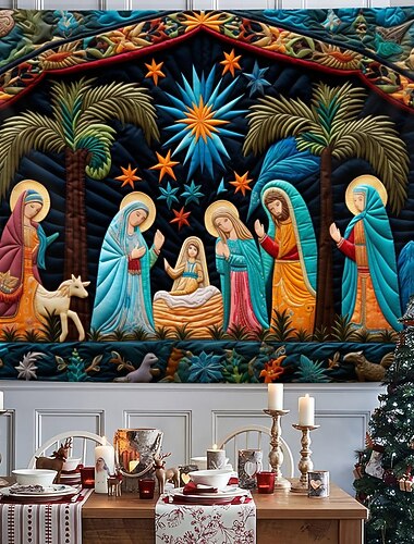  julepynt fødselsscene jesus dåp hengende billedvev quilting mønster veggkunst jul stor billedvev veggmaleri dekor fotografi bakteppe teppe gardin hjem soverom stue dekorasjon