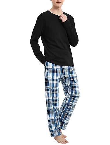  Herren Hausanzug Schlafanzüge Schlafanzug Set Pyjama-Oberteil und Hose 2 Stück Plaid Stilvoll Brautkleider schlicht Komfort Heim Täglich Baumwollmischung Komfort Rundhalsausschnitt Langarm T Shirt