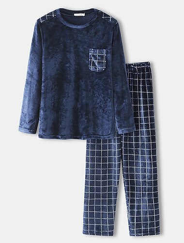  Herren Hausanzug Schlafanzüge Schlafanzug Set Pyjama-Oberteil und Hose 2 Stück Plaid Stilvoll Brautkleider schlicht Komfort Heim Täglich Flanell Komfort Rundhalsausschnitt Langarm Pullover Hose