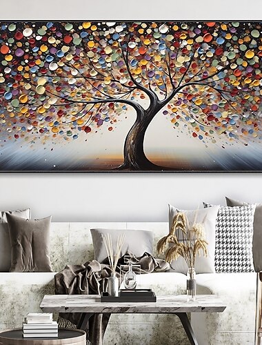  Arte de pared pintado a mano, lienzo de árbol colorido abstracto, pintura al óleo hecha a mano, pintura de paisaje texturizada, pintura de bosque pintada a mano, decoración del hogar, lienzo enrollado
