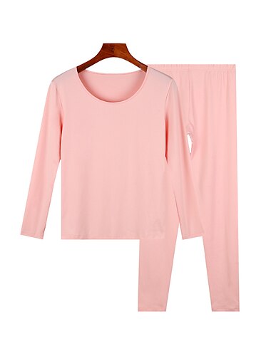  Conjunto de pijama térmico para mujer, color puro, cálido, cómodo, suave, para uso diario en el hogar, cómodo, cálido, cuello redondo, manga larga, camiseta, pantalón, cintura elástica, conjuntos