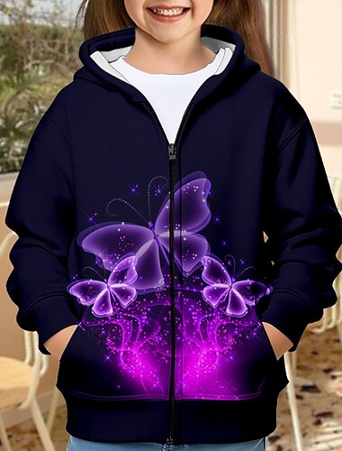  Mädchen 3D Schmetterling Kapuzenshirt Mantel Oberbekleidung Langarm 3D-Druck Herbst Winter Aktiv Modisch Kuschelig kinderkleidung 3-12 Jahre Outdoor Casual Täglich Regular Fit