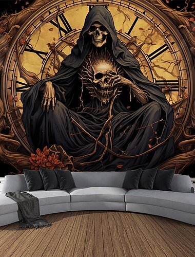  halloween death klok hangend tapijt kunst aan de muur groot tapijt muurschildering decor foto achtergrond deken gordijn thuis slaapkamer woonkamer decoratie halloween decoraties