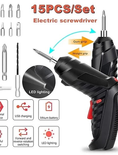  15 st/set hopfällbar elektrisk skruvmejsel reparationsverktyg skruvdragande usb-laddning med led-belysning för underhållsinstallation