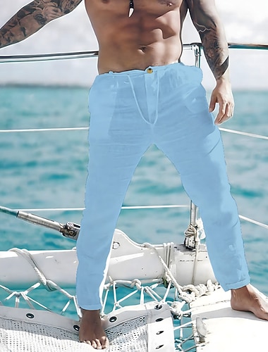  Homens Calças de linho Calças Calça verão Calças de praia Bolso frontal Perna reta Tecido Conforto Respirável Casual Diário Feriado Moda Básico Azul Preto