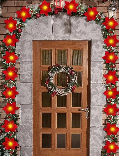  2M 10LEDs Twinkle Ster Poinsettia Guirlande met Rode Bessen en Hulstbladeren Kunstbloem String Licht Op Batterij