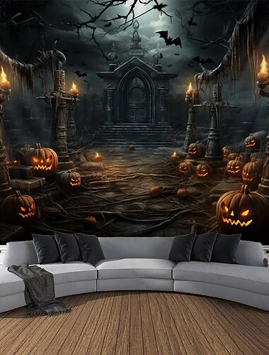  halloween pumpa kyrkogård hängande gobeläng väggkonst stor gobeläng väggmålning dekor fotografi bakgrund filt gardin hem sovrum vardagsrum dekoration halloween dekorationer