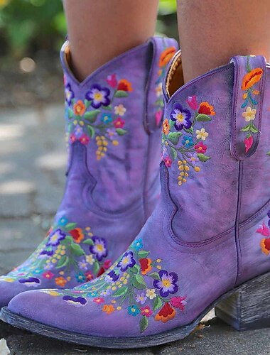  Damen-Western-Cowboystiefel im Vintage-Stil – Stiefeletten aus Kunstleder mit Blumenstickereien für die Freizeit und Festivals
