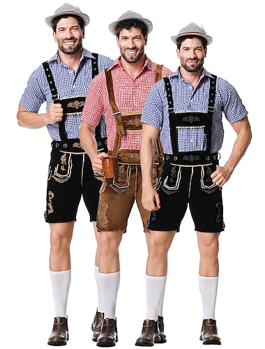  Oktoberfest Costume Lederhosen Chemise Bavarois Bavarois Allemand Prairies Homme Tissu de style traditionnel Chemisier Shorts Chapeau