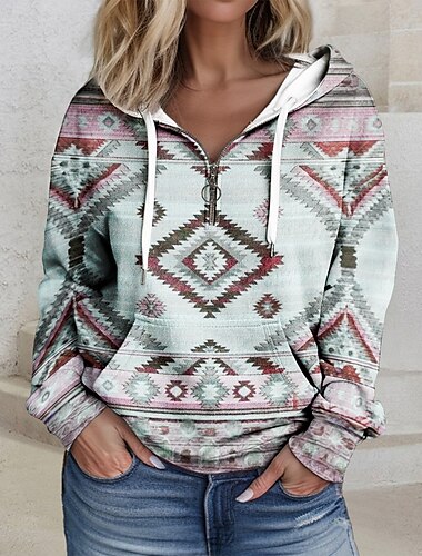  Kapuzenpullover mit Reißverschluss für Damen, Sweatshirt mit Kapuze, Tribal-Muster, lässig, sportlich, Kordelzug vorne, Viertelreißverschluss, aktiver ethnischer Kapuzenpullover, langärmeliges