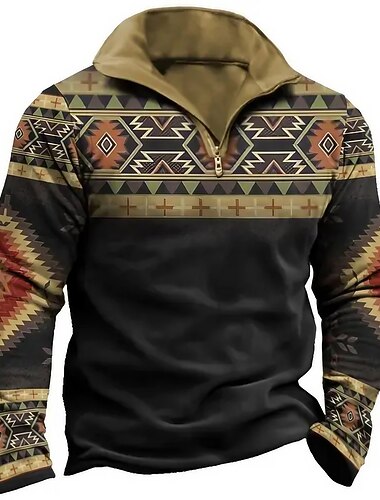  Per uomo Tribale Geometria Polo con zip Manica Lunga Magliette polo Collo ripiegato Con cerniera Vintage All'aperto Casual Quotidiano Abbigliamento casual alla moda 3D Stampato Autunno & Inverno Nero