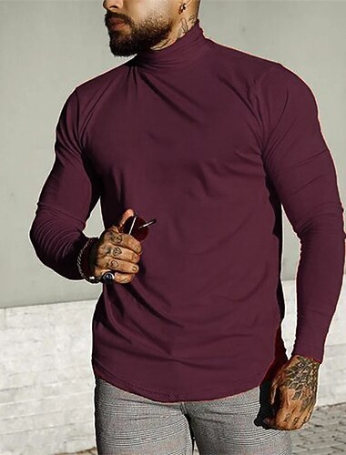  Men's T Shirt Turtleneck shirt Tee Top Long Sleeve Shirt Long Sleeve Turtleneck Spring &  Fall Plain Fashion Designer Basic Vacation Street Going out Red Top Tee for Men