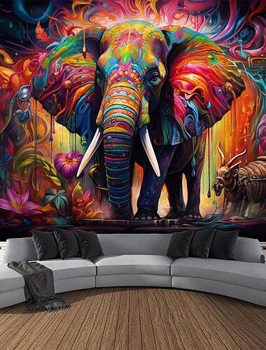  لوحة فنية جدارية على شكل فيل ملون بوهو معلقة على شكل فيل بوهو، لوحة جدارية كبيرة منسوجة، صورة خلفية، ستارة بطانية، ديكور غرفة نوم المنزل وغرفة المعيشة