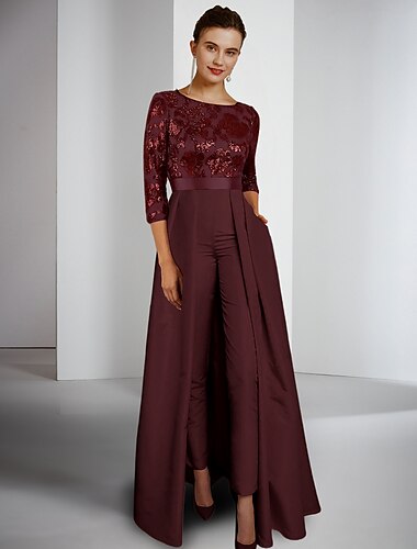  Combinaison  tailleur mère de la mariée invitée de mariage formelle élégante encolure arrondie longueur sol dentelle taffetas sequins manches 3/4 avec plis couleur unie 2025 taille personnalisée