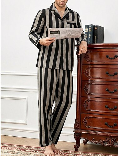  Hombre Ropa de salón Pijama Conjunto pijama Top y pantalón de pijama 2 Piezas Raya Elegante Casual Confort Hogar Diario Algodón Comodidad Diseño Manga Larga Camisa Pantalón Correa Cintura elástica