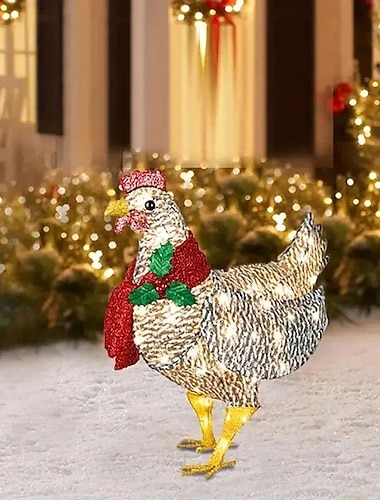  Beleuchtete Chicken-Weihnachtsdekoration mit LED-Lichtern aufleuchtendes Hühnerornament mit Schal außenbeleuchtete Hühnerdekoration für Garten oder Rasen