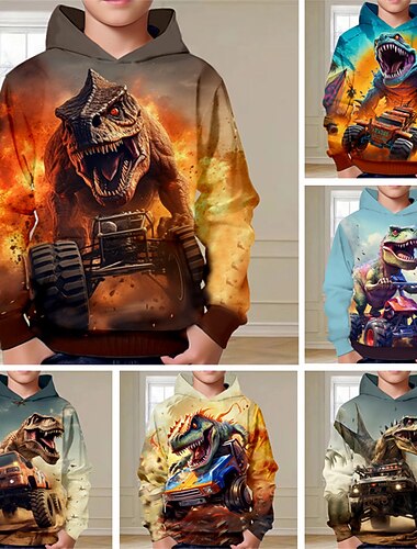  Garçon 3D Dinosaure Sweat à capuche Pullover manche longue 3D effet Automne Hiver Mode Vêtement de rue Frais Enfants 3-12 ans Extérieur Casual du quotidien Standard