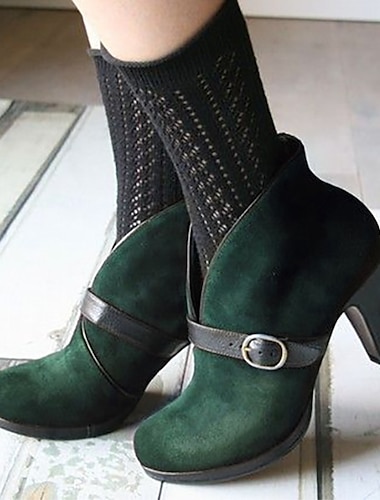  Botas femininas de camurça verde com tira de fivela e salto alto grosso – botas sociais estilo retrô vintage para outono e inverno