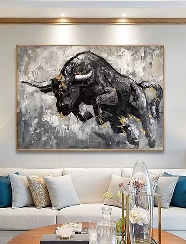  手作り油絵キャンバス壁アート装飾白黒抽象スタイル動物雄牛家の装飾ロールフレームレス未延伸絵画