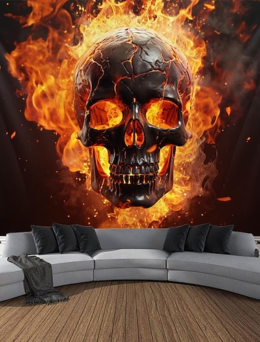  Halloween Feuer Schädel Hängender Wandteppich Wandkunst Großer Wandteppich Wandmalerei Dekor Fotograf Hintergrund Decke Vorhang Zuhause Schlafzimmer Wohnzimmer Dekorationen