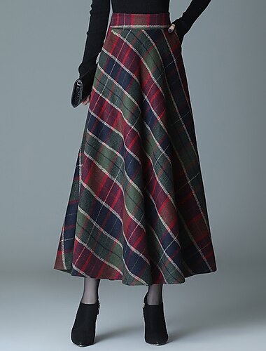  Falda a cuadros de corte A para mujer, faldas midi, bolsillos, larga, a cuadros, bloques de color, para uso diario, para una cita, otoño&amp;Satén de sarga de invierno elegante largo rojo azul verde