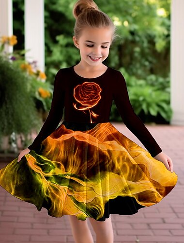  Mädchen' 3D Rose Kleid Langarm 3D-Druck Herbst Winter Urlaub Sport & Natur Täglich Kuschelig Brautkleider schlicht Schön kinderkleidung 3-12 Jahre Casual kleid A Linie Kleid Übers Knie Regular Fit