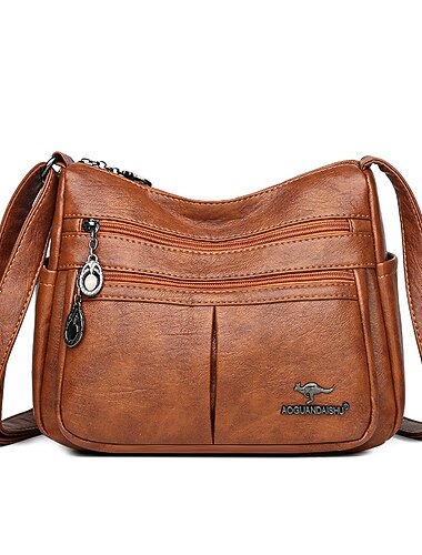  حقيبة كروس بودي نسائية من الجلد الصناعي - حقيبة كتف متعددة الجيوب مع سحاب للإغلاق للاستخدام اليومي غير الرسمي