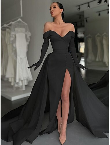  A-Linien Schwarzes Abendkleid Elegantes Kleid Formal Court Train Lange Ärmel Schulterfrei Satin mit Knöpfen Falten Schlitz Maskerade Kleid 2025
