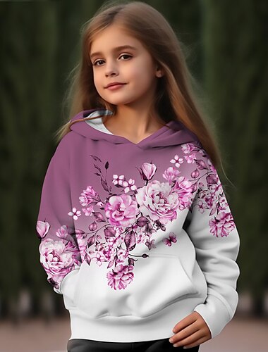  Девочки 3D Цветочный принт Толстовка Pullover Розовый Длинный рукав 3D печать Осень Зима Активный Мода Симпатичные Стиль Дети 3-12 лет на открытом воздухе Повседневные Стандартный