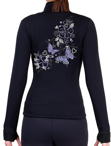  Fleecejacke fürs Eiskunstlaufen Damen Mädchen Eislaufen Jacke Shirt Schwarz Daumenloch elastisch Ausbildung Wettbewerb Eiskunstlaufkleidung warm Langarm Eislaufen Eiskundstlauf