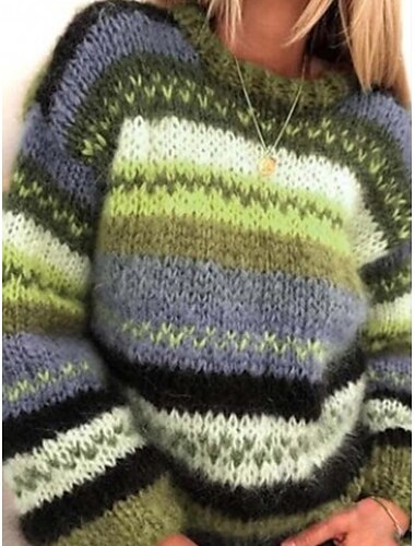  Mujer Suéter de punto Elegante Casual Suave Bloque de color A Rayas Fornido Cuello Barco De Gran Tamaño A rayas Manga Larga Tops regulares Tejer Exterior Diario Noche Morado Verde Trébol Otoño