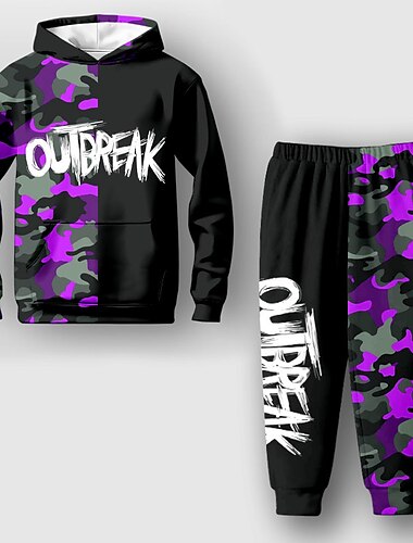  Drenge 3D camouflage Bogstaver Sæt med hættetrøje og joggingbukser Sæt Langærmet 3D-udskrivning Efterår Vinter Aktiv Mode Sej Børn 3-12 år udendørs Ferierejse Gade Regulær