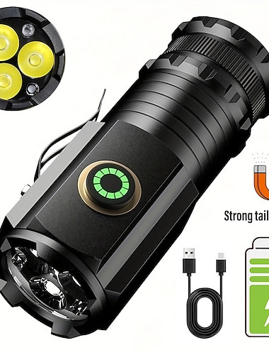  Mini linterna LED de alta potencia, fuerte antorcha LED de cola magnética con 3 LED y lámpara de autodefensa 5 modos de iluminación brillante adecuado para luces de senderismo al aire libre