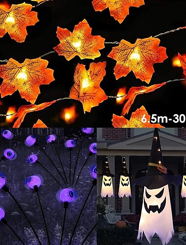  3個 ソーラー ハロウィン ホタル アイボール 芝生ライト ソーラー メープルリーフ パンプキン ストリングライト 6.5m 30LED 秋 感謝祭 屋外 防水 ガーデン デコレーション 魔女帽子 ハロウィン パーティー バー お化け屋敷 バルコニー