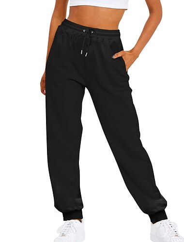  בגדי ריקוד נשים מכנסי טרנינג ישר מותניים גבוהים באורך מלא שחור סתיו