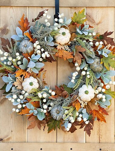  Künstliche Herbstkränze für die Haustür, rustikaler Herbstkranz mit Kürbis, Rosen, Beerenzweigen, gemischten Blättern, Erntedankkranz, Herbsttürkranz