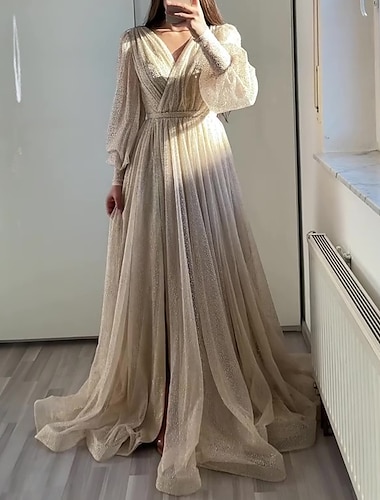  A-Linien Abschlussballkleider Elegantes Kleid Formal Black Tie Bodenlang Lange Ärmel V-Ausschnitt Herbst Hochzeitsgast Tüll mit Raffung 2025