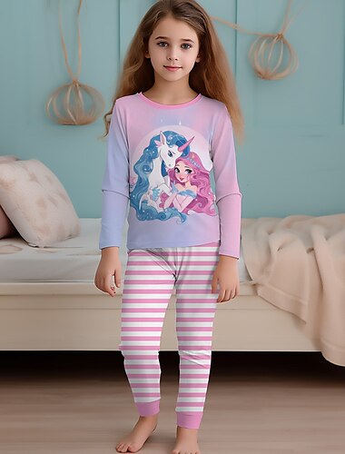  Para Meninas 3D Arco-Íris Unicórnio Conjuntos de pijama Manga Longa Impressão 3D Outono Inverno Ativo Moda Estilo bonito Infantil 4 anos + Gola Redonda Casa Casual Interior Normal