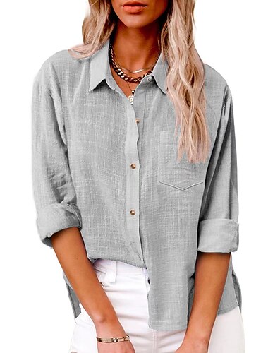  Damen Hemd Baumwoll-Leinen-Hemden Knopfleiste Bluse Einfach Mode Neon & Leuchtend Langarm Hemdkragen Normale Oberteile Lässig Knöpfe Tasche Denim Blue Schwarz Weiß Gelb Rosa Frühling & Herbst
