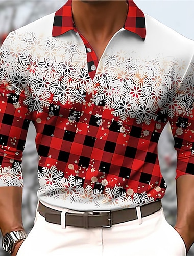  jul menns julescene 3d polo rutete snøfnugg uformelt trykk 3d golf utendørs uformelt daglig streetwear polyester lange armer turndown skjorter rød grønn høst &amp; vinter s m l mikroelastisk jakkeslag
