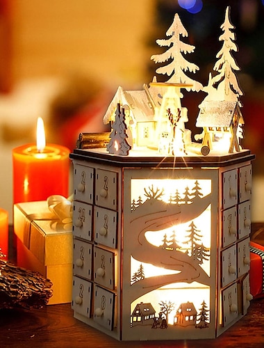  juleadventskalender, led roterende musikkboks adventskalender dekorert med juletre reinsdyrhus led lys, opplyst tre utskåret 24 dagers nedtelling til julekalender, 24 oppbevaring
