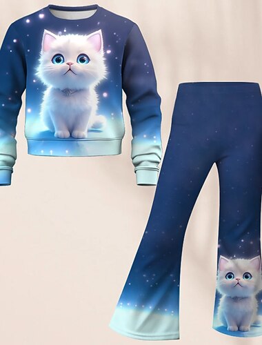  女の子 3D ギャラクシー 猫 セット スウェット＆フレアパンツセット 長袖 3Dプリント 秋 冬 活発的 ファッション 日常 子供 4年以上 クルーネック アウトドア バケーション デート レギュラー