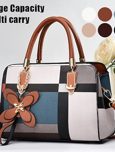 Borsa a mano da donna a quadri con manici e tracolla in similpelle, borsa strutturata con manico superiore e ciondolo a farfalla per ufficio, shopping e uso quotidiano   Borsa a mano da donna a quadri con manici e tracolla in similpelle, borsa strutturata con manico superiore e ciondolo a farfalla per ufficio, shopping e uso quotidiano
