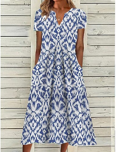  Robe Midi Femme Robe Décontractée Robe Shift Bleue Manches Courtes Géométrique Poche Printemps Été Col V Basique Quotidien Vacances Robe d'Été