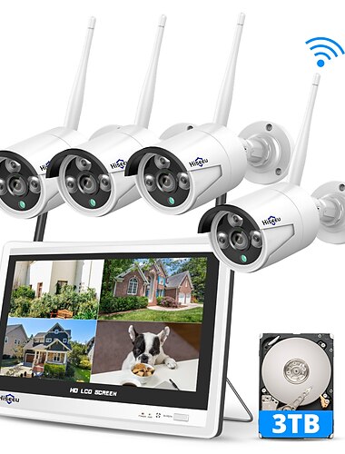  10CH Expandable 3MP Hiseeu All-in-One Security System with 12 LCD Monitor Wireless 4K Dual WiFi NVR 4pcs 3MP Outdoor Bullet Cameras Night Vision Waterproof for Home or Business