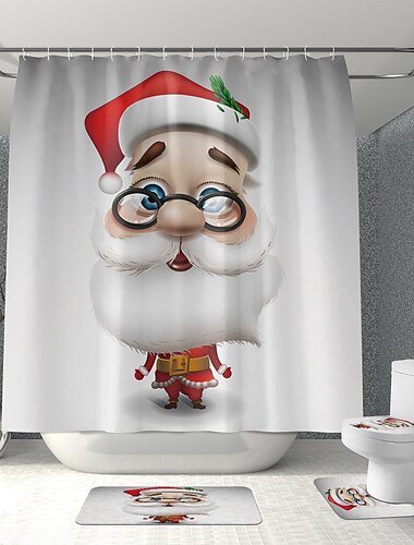  cortina de chuveiro de decoração de natal com ganchos decoração de banheiro conjunto de cortina de chuveiro de tecido impermeável (4 unidades incluem tapete em forma de u, tampa de vaso sanitário,