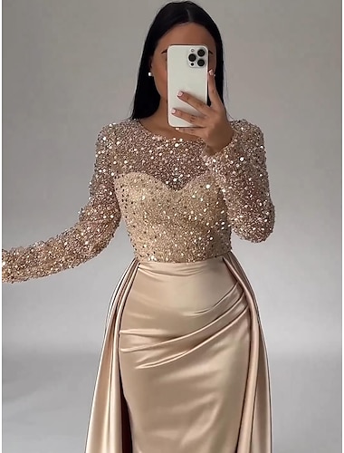  Mermaid Sequin Evening Gown Ruched Satin Dress Long Sleeves Floor Length Sparkle Illusion Neck Prom Wedding Guest Dress with Pearls Overskirt 2024